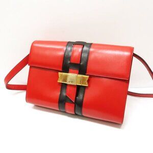 Celine Shoulder Bag Ribbon Hardware Red Black Bicolor Leather